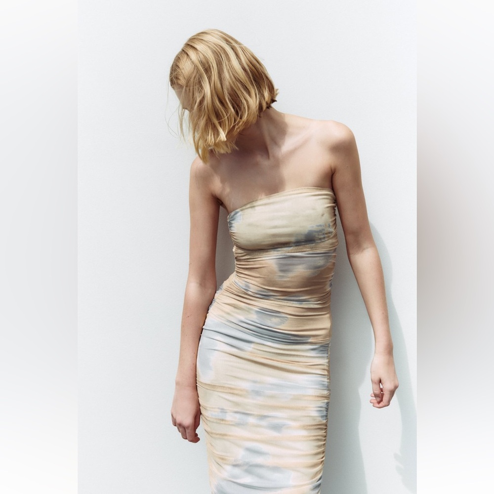 Zara Cream and Blue Strapless Bodycon Matching Set Dress Cocktail